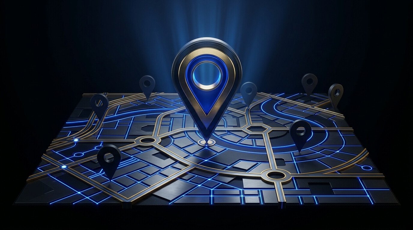 Ilustração representando a busca por negócios locais no Google Maps e o raio de proximidade do cliente