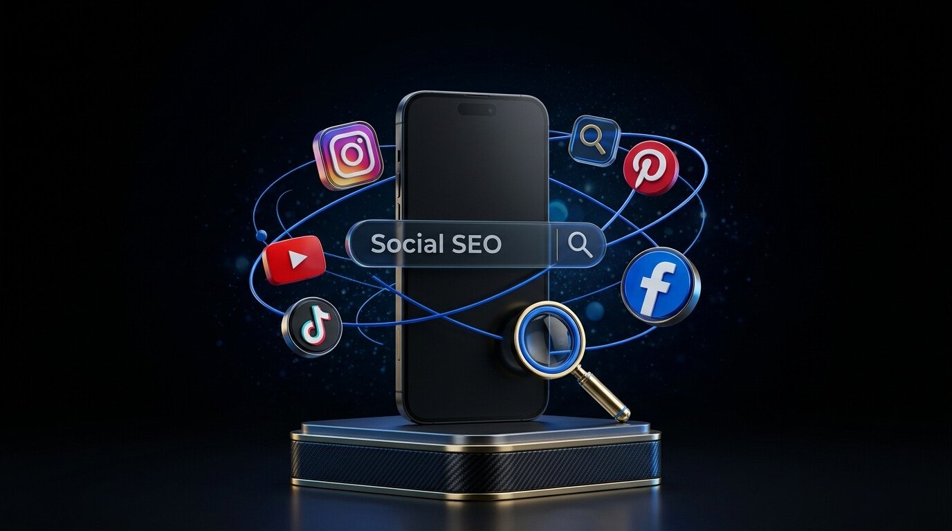 Ilustração sobre SEO social para empresas: cinco vitrines com lupas apontadas para o conteúdo de uma marca